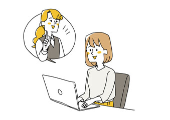 パソコンのチャットやメールでオペレーターとやりとりしている女性　コミカルな手書きの人物イラスト　