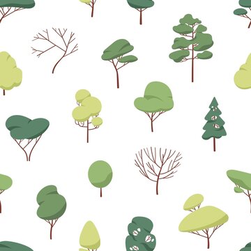 Seamless pattern with forest trees. Endless background design with mix wood plants print. Nature backdrop for decor. Repeating texture with foliage and coniferous. Colored flat vector illustration