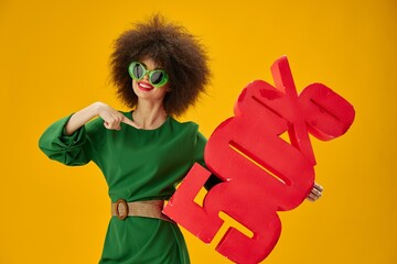 Positive young woman curly hairstyles green dress fifty percent discount studio model unaltered