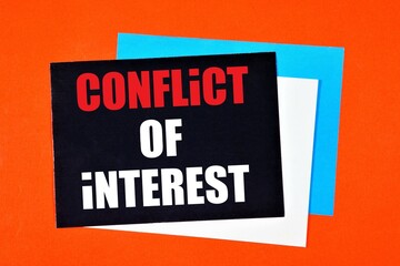 Conflict of interest. The inscription on the stickers. Dispute, disagreement issues, resolution, expert opinion for making responsible decisions, evidence and facts.