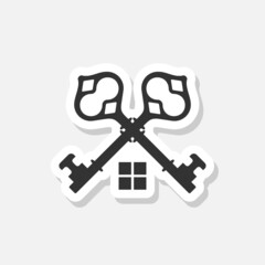 Two crossed keys combined into house sticker icon isolated on white background