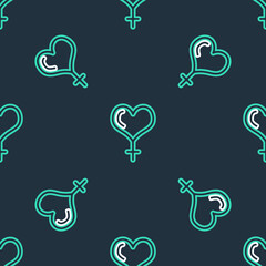 Line Female gender symbol and heart icon isolated seamless pattern on black background. Venus symbol. The symbol for a female organism or woman. Vector