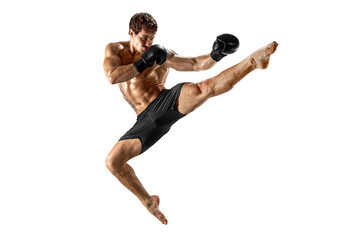 Full size of male boxer who perform muay thai martial arts on white background. Sport concept