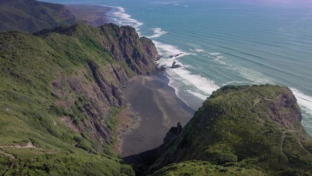 Aerial: Mercer bay cliffs and coastline, New Zealand