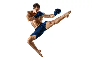 Deurstickers Full size of athlete boxer who perform muay thai martial arts on white background. Sport concept © zamuruev