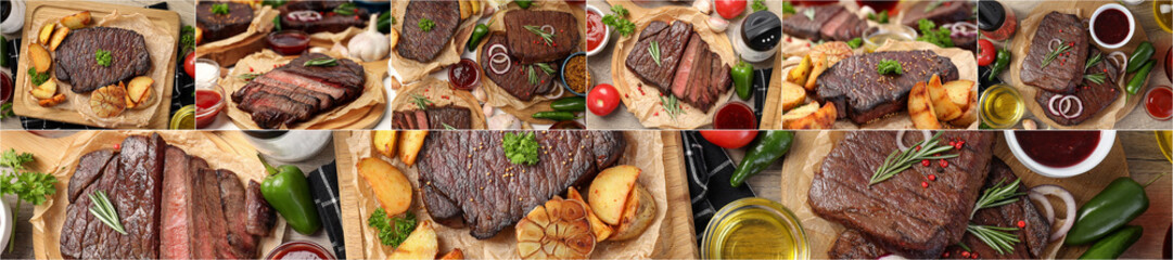 Photo collage of tasty food compositions with beef steak