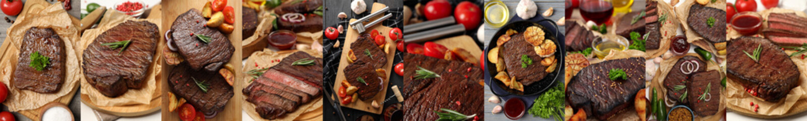 Photo collage of tasty food compositions with beef steak