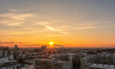Colorful panoramic sky during sunrise and sunset. beautiful clouds over the city