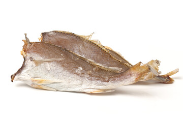 Dried salted fishes on white background