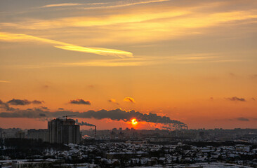 Colorful panoramic sky during sunrise and sunset. beautiful clouds over the city