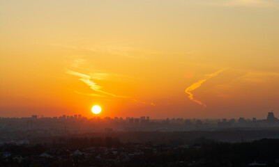 Colorful panoramic sky during sunrise and sunset. beautiful clouds over the city