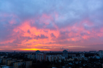 Colorful panoramic sky during sunrise and sunset. beautiful clouds over the city