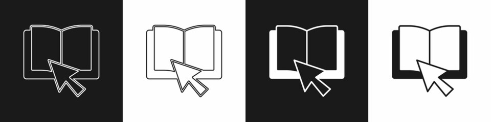 Set Online book icon isolated on black and white background. Internet education concept, e-learning resources, distant online courses. Vector