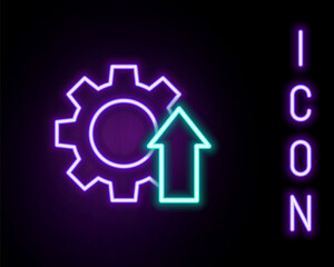 Glowing neon line Arrow growth gear business icon isolated on black background. Productivity icon. Colorful outline concept. Vector