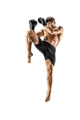 Full length of male kickboxer isolated on white background. Fit muscular athlete fighting. MMA