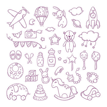 Set of hand drawn baby toys in doodle style isolated on white background
