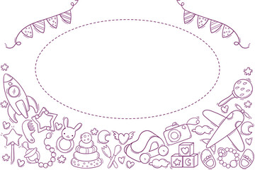 Baby Shower cute greeting card template with toys. Circle text place