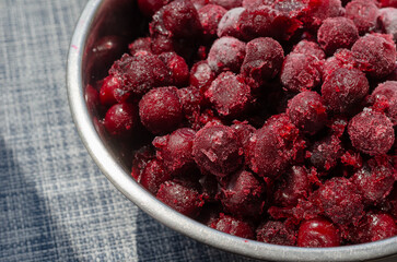 Freshly frozen red cherry berries in a metal bowl.