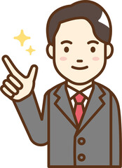 A man in a suit pointing.