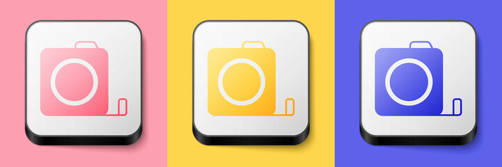 Isometric Roulette construction icon isolated on pink, yellow and blue background. Tape measure symbol. Square button. Vector