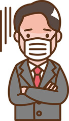 A man in a suit who is not feeling well wearing a mask.