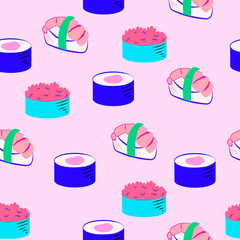 Seamless pattern with cute tasty sushi. Editable vector illustration.