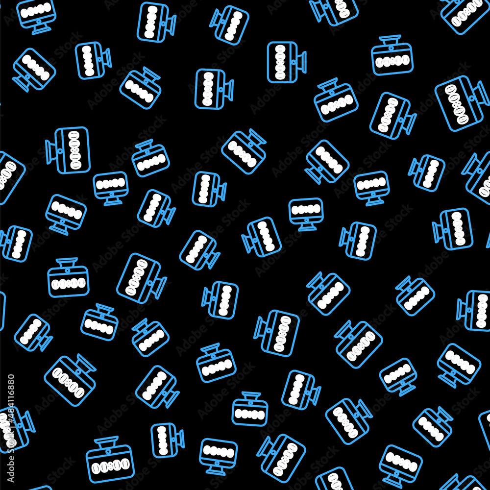 Poster line clock on computer monitor screen icon isolated seamless pattern on black background. schedule c