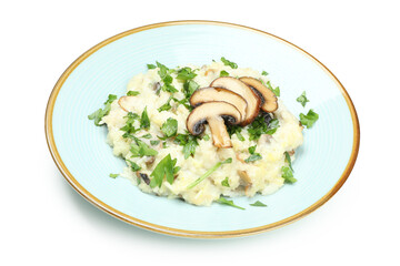 Risotto with mushrooms isolated on white background