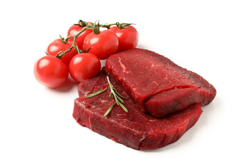 Raw beef steaks with tomatoes isolated on white background