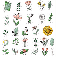 Spring flowers, leaves and twigs. A set of doodle illustrations.