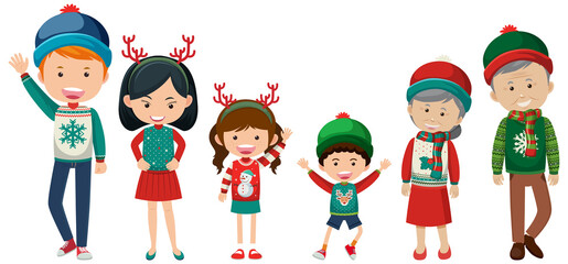 Family members wearing Christmas outfits