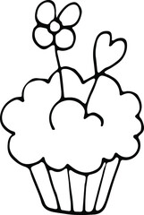 Cupcake with a heart. Black and white doodle illustration on a white background.