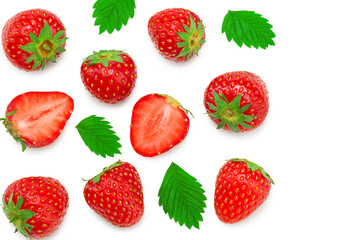 strawberry with sliced strawberry and green leaves isolated on white background. clipping path. Top view