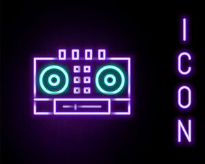 Glowing neon line DJ remote for playing and mixing music icon isolated on black background. DJ mixer complete with vinyl player and remote control. Colorful outline concept. Vector