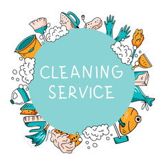 Cleaning service concept. Banner template of isolated hand drawn home and office cleaning items. Vector doodle illustration