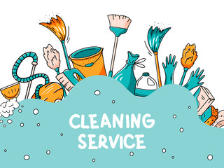 Cleaning service concept. Horizontal banner template of isolated hand drawn home and office cleaning items. Vector illustration in doodle style
