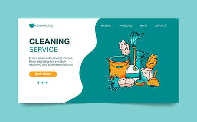 Cleaning service landing page template. Set of hand drawn cleaning items, vector illustration