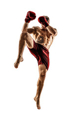 Full size of male kickboxer in red sportswear on white background. muscular athlete fighting