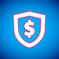 White Shield with dollar symbol icon isolated on blue background. Security shield protection. Money security concept. Vector