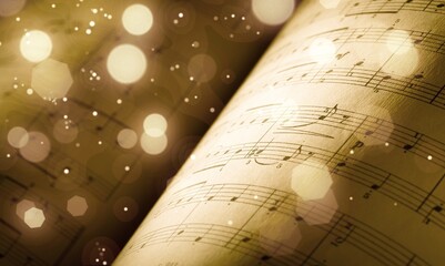 Old sheet with Christmas music notes as background bokeh - obrazy, fototapety, plakaty