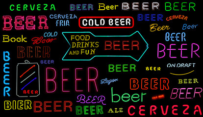 Fototapeta premium Collection of Vintage Neon Beer Signs on Black Background
