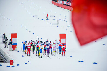 Nordic ski competitions. Athletes standing on the start before race