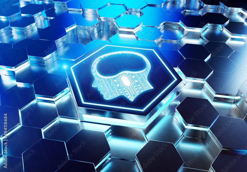Poster brain icon concept engraved on metal hexagonal pedestral background. artificial intelligence symbol 