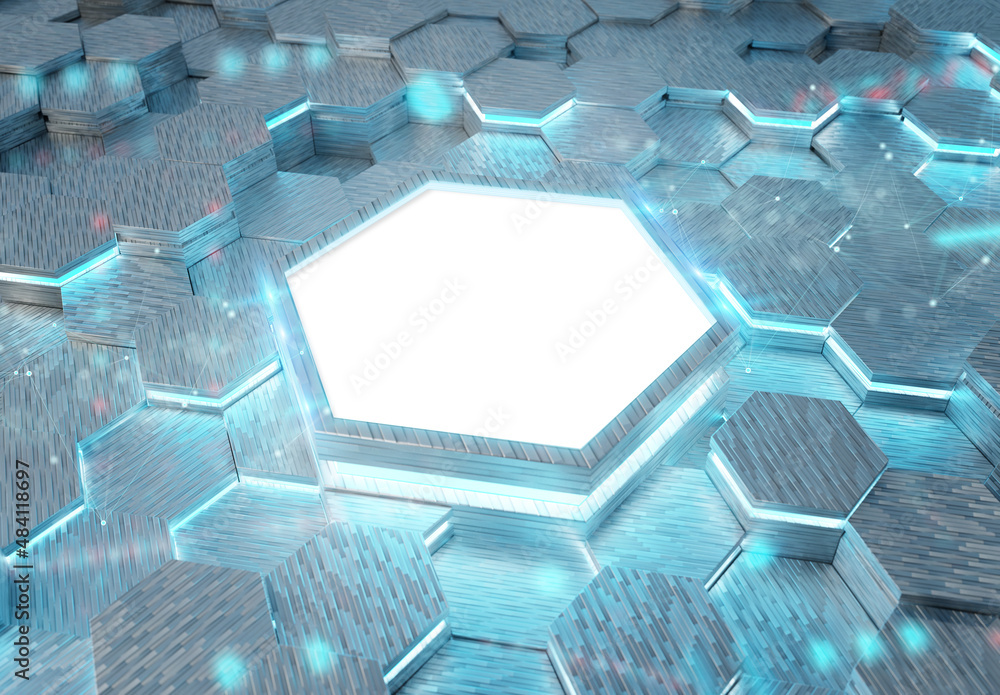 Poster glowing white and blue hexagons podium background pattern. hexagonal metal mockup with lights and re