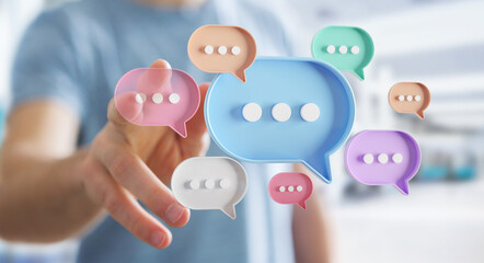 Man touching with his fingers digital speech bubbles talk icons. Minimal conversation or social...