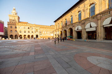 Fototapeta na wymiar Central square of the old town in Bologna city. Morning view on Piazza Maggiore in Emilia Romagna region