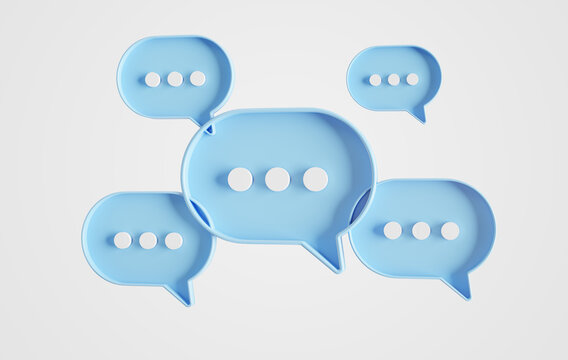 Minimalist blue speech bubbles talk icons floating over white background. Modern conversation or social media messages with shadow. 3D rendering