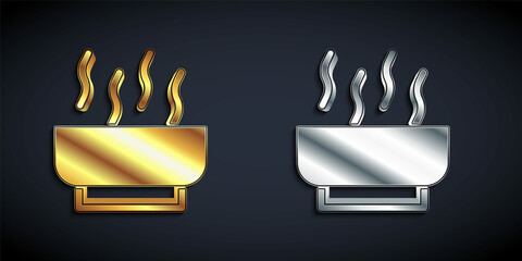 Gold and silver Ramen soup bowl with noodles icon isolated on black background. Bowl of traditional asian noodle soup. Long shadow style. Vector