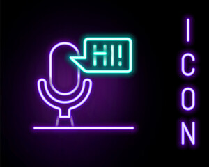 Glowing neon line Microphone voice device icon isolated on black background. Microphone interpreter and alphabet letters. Colorful outline concept. Vector