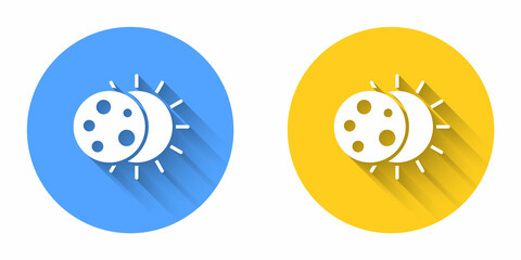White Eclipse of the sun icon isolated with long shadow background. Total sonar eclipse. Circle button. Vector